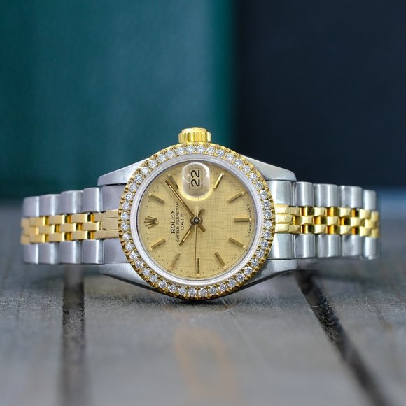 ROLEX LADIES DATEJUST GOLD STEEL CHAMPAGNE LINEN DIAL DIAMOND BEZEL 26MM WATCH main image 7